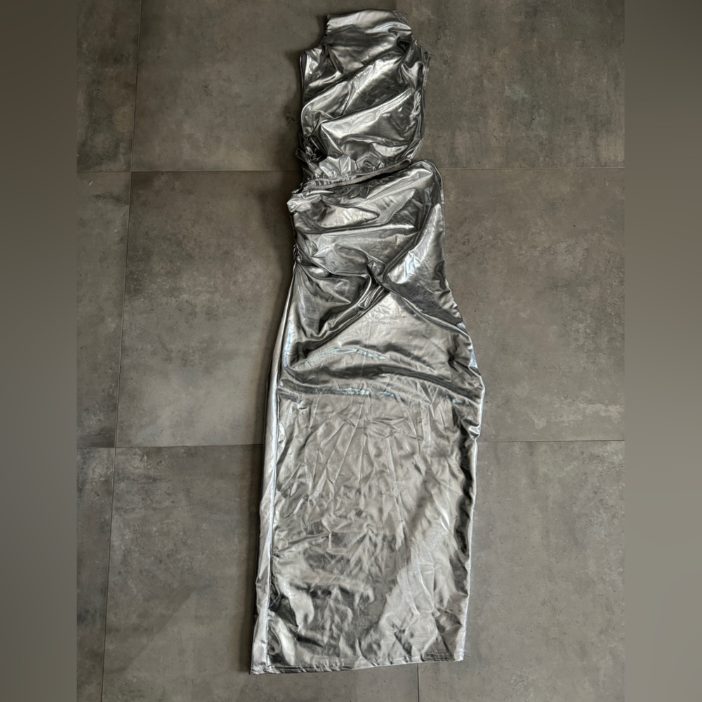Metallic Pu High Neck Cut Out Maxi Dress | 6 - Picture 7 of 7